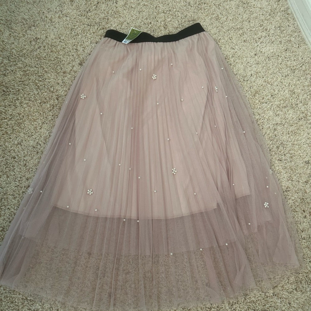 Chic Blush Tulle Maxi Skirt with Pearl Details